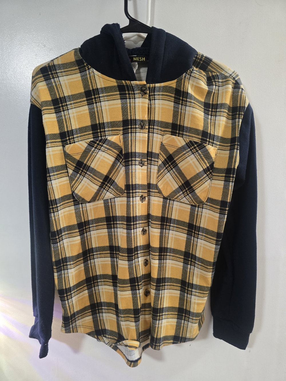 Yellow Navy Plaid Hooded Flannel Shirt Womens Button Front Hoodie Layered Top